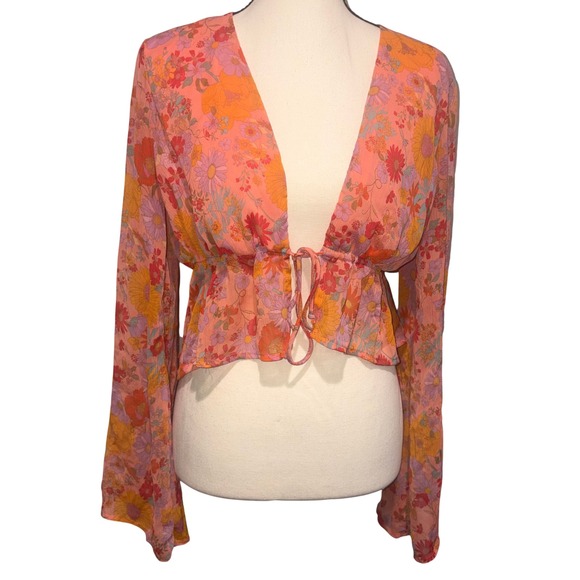 wild fable Tops - Floral Bell Sleeve Tie Front Boho Festival Top Womens Size Medium Orange